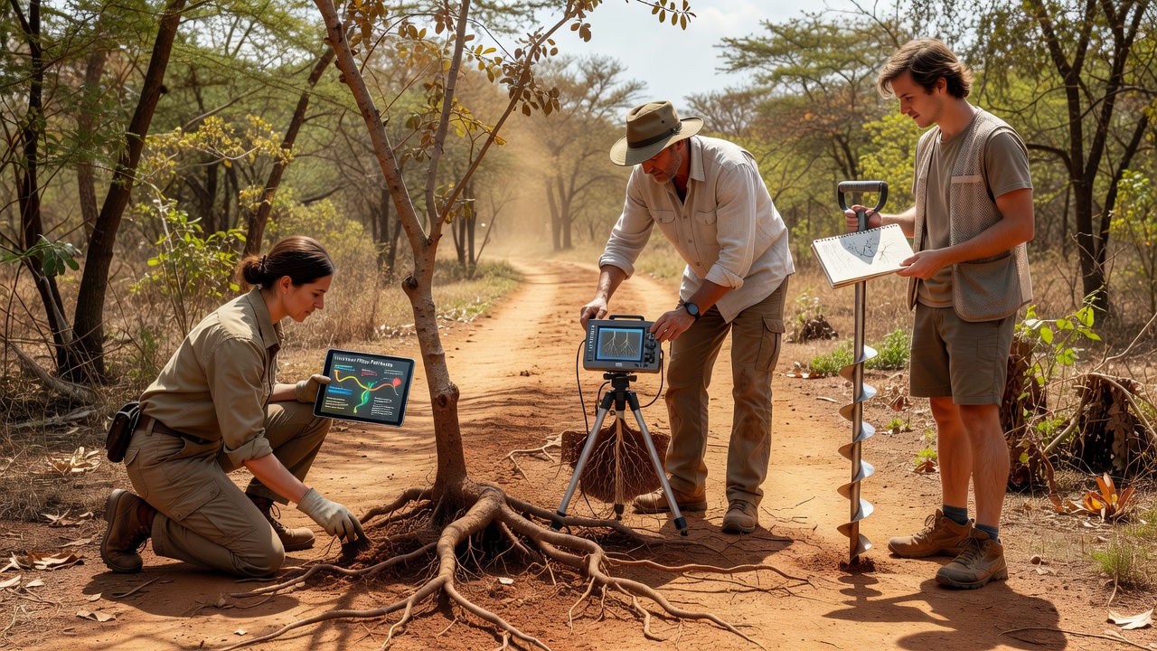 Field researchers sampling soil and root tissues along a tropical woodland transect to trace nutrient movement during dry season conditions